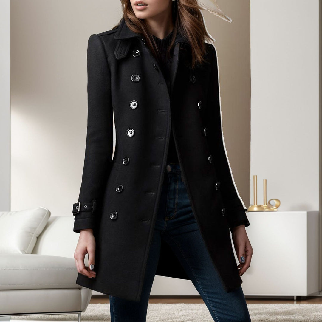 Damen eleganter Trenchcoat mit doppelter Knopfreihe und gewichtetem Kragen Drune