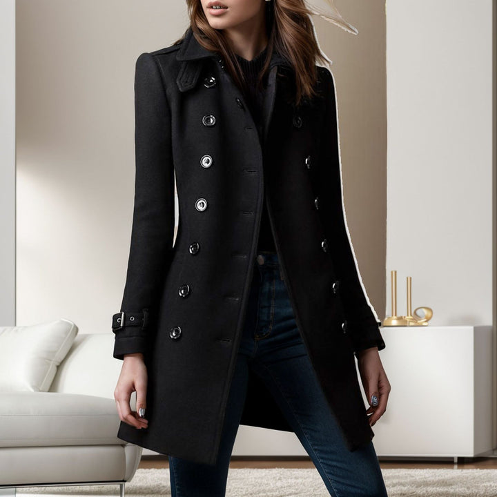 Damen eleganter Trenchcoat mit doppelter Knopfreihe und gewichtetem Kragen Drune
