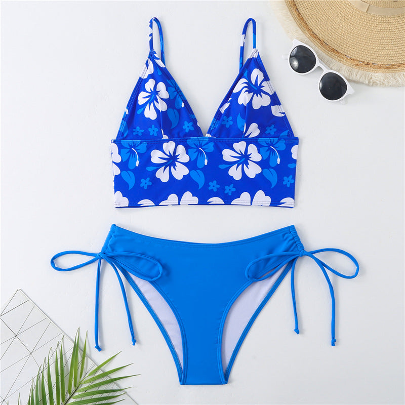 Damen Crop-Top Bikini mit verstellbaren Trägern und floralem Muster Drune