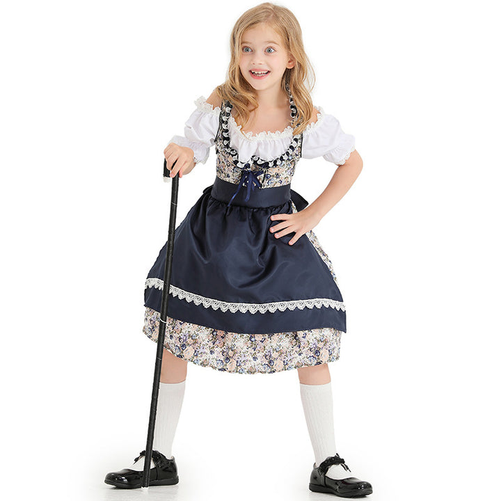 Damen nan kurzes Trachtenkleid mit floraler Miederstickerei, Schnürkorsage und Spitzen-Schürze Drune