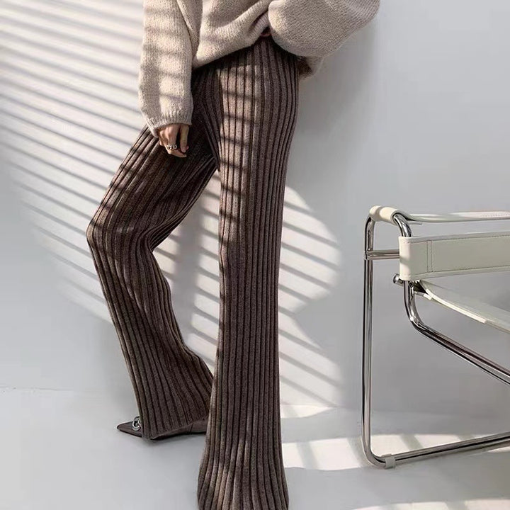 Damen bequeme Rippstrickhose mit weitem Bein und hohem Bund Drune