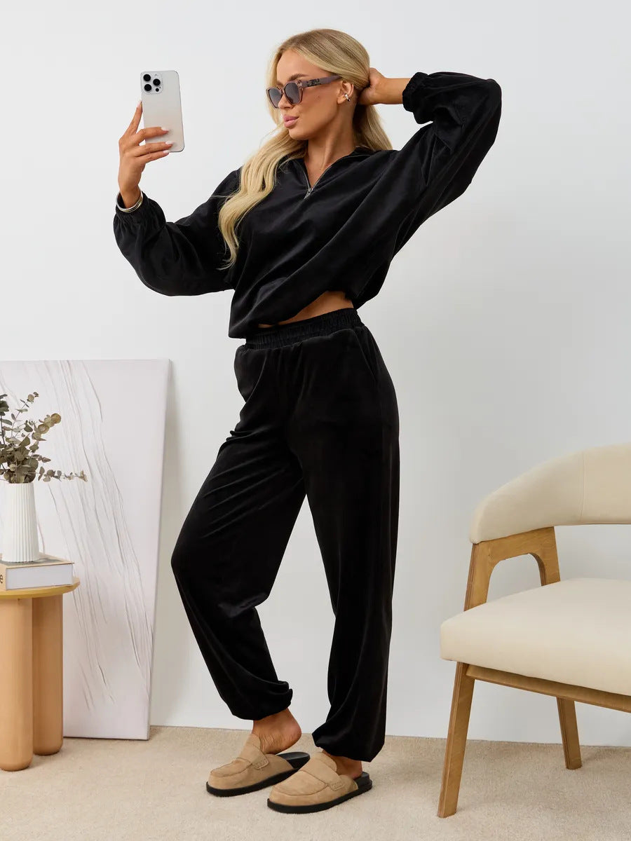 Damen Fleece-Loungewear-Anzug mit Reißverschluss und elastischem Bündchen Drune