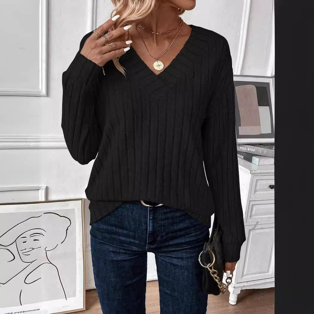 Damen V-Ausschnitt Pullover mit Rippenstruktur Drune