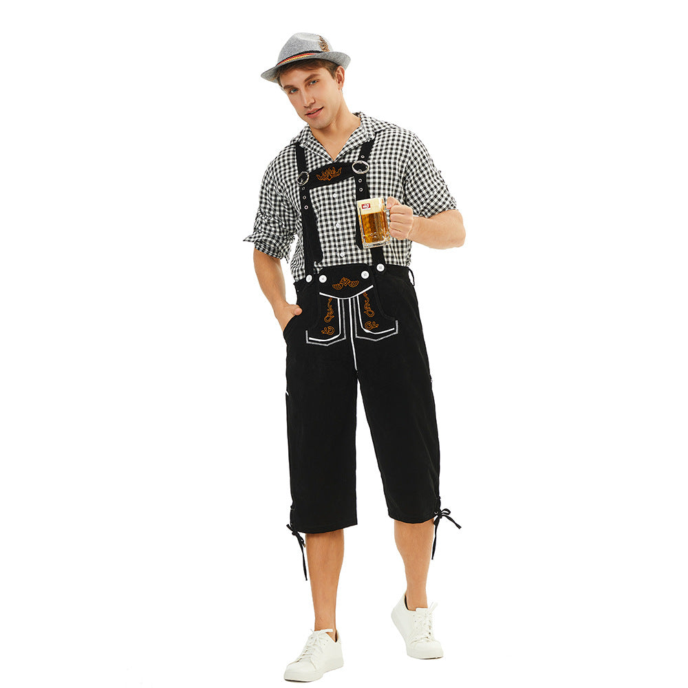 Herren nan traditionelle bayerische Trachtenlederhose knielang mit bestickten Hosenträgern Drune