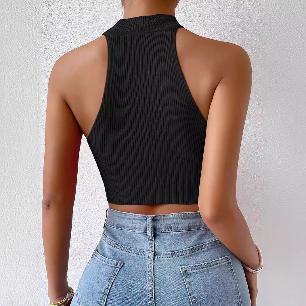 Damen Hochgeschlossenes Crop-Top mit Rippstrickmuster Drune