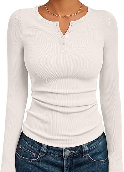 Damen Figurbetontes Langarmshirt mit Knopfleiste und Rippstruktur Drune