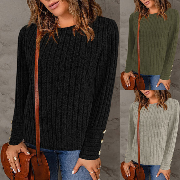 Damen modisches Strickoberteil mit Rippstruktur und eleganten Knopfdetails Drune