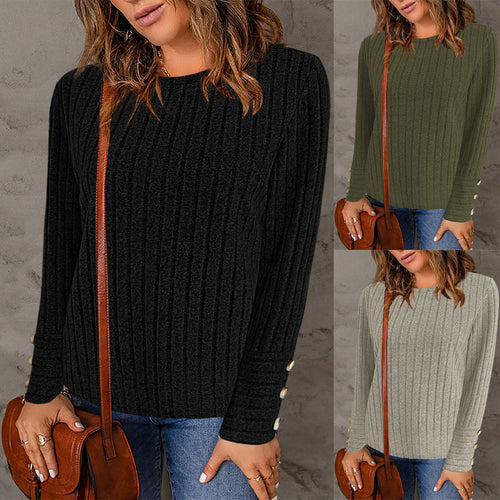 Damen modisches Strickoberteil mit Rippstruktur und eleganten Knopfdetails Drune