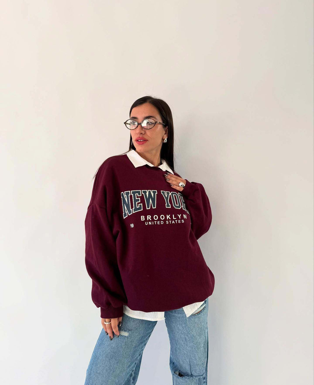 Damen lässiger Sweatshirt mit kreativem New York Print und oversized Schnitt Drune