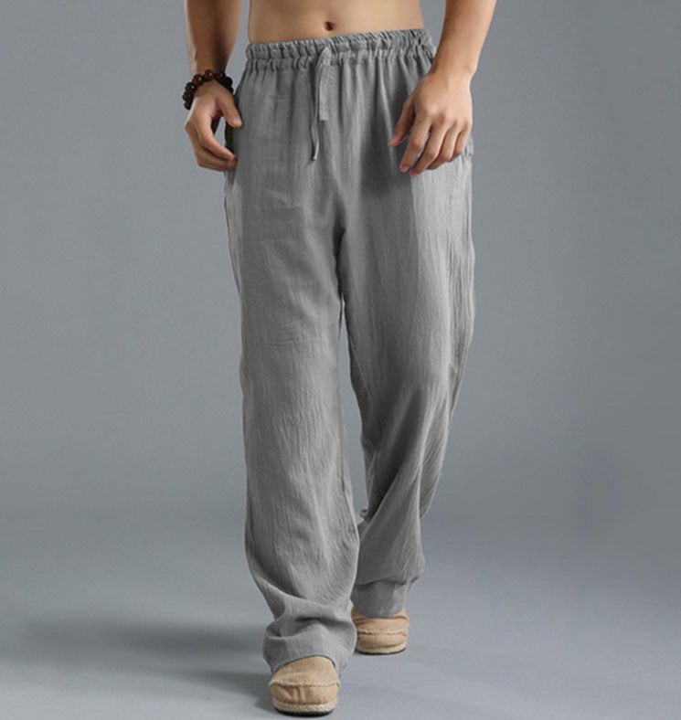 Herren nan lässige Leinenhose mit elastischem Bund, Kordelzug und geradem Bein Drune