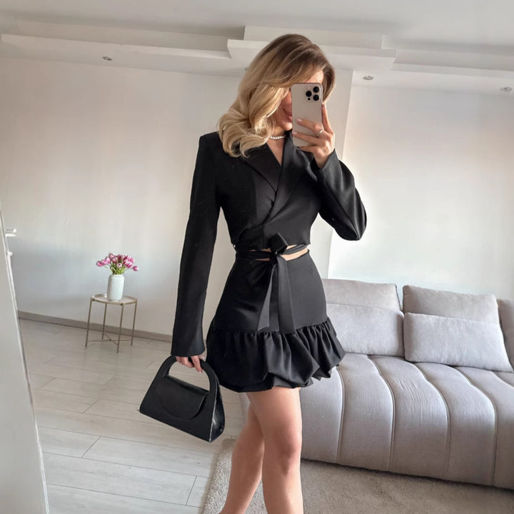 Damen elegantes Blazer-Rock-Set mit Rüschendetails Drune