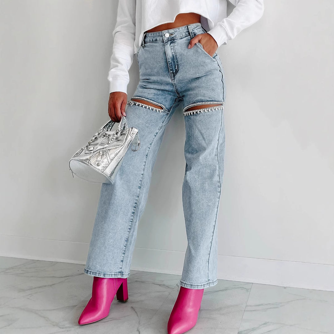 Damenweite Jeans mit Cut-Out-Details und eleganten Fransen Drune