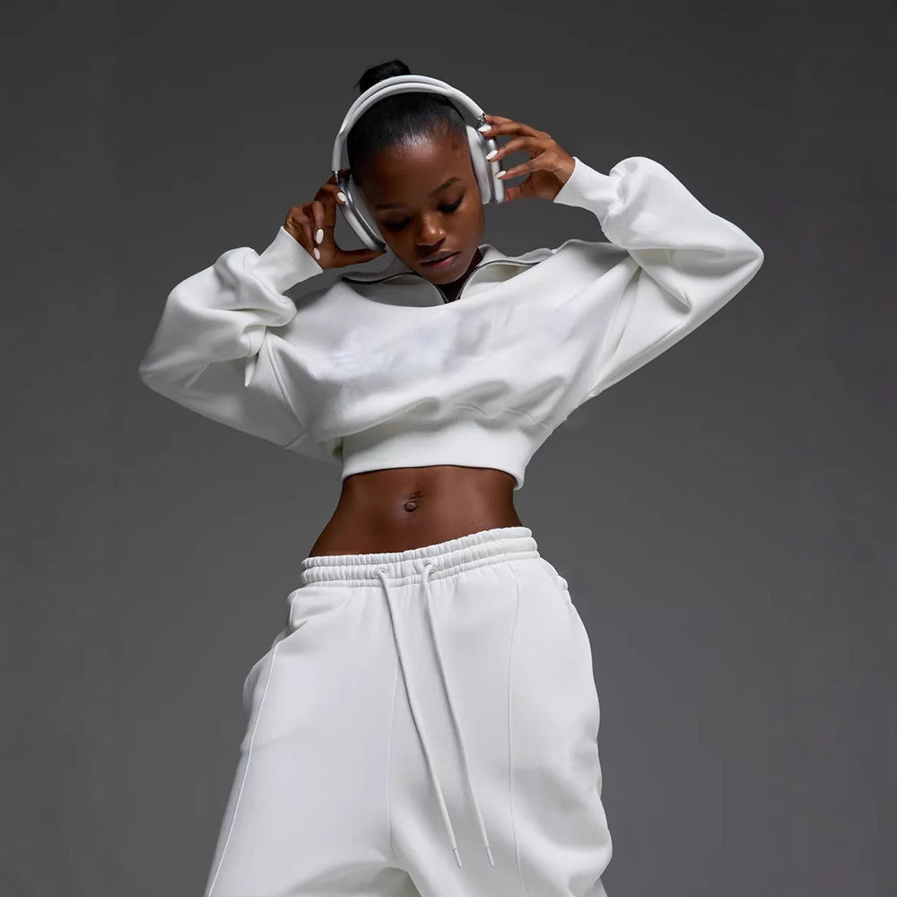 Damen lässiges Crop-Set mit hohem Kragen und weiten Hosen Drune