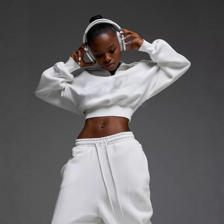Damen lässiges Crop-Set mit hohem Kragen und weiten Hosen Drune