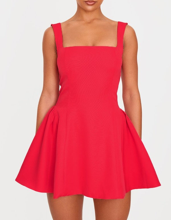 Damen A-Linien Kleid mit quadratischem Ausschnitt und angeschnittenen Taschen Drune