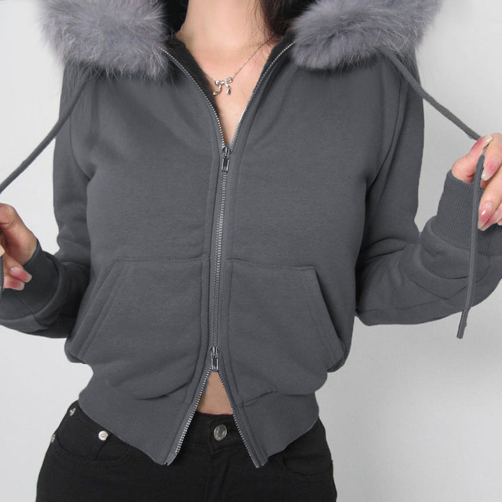 Damen Zip-Up Sport Hoodie mit Kunstfellbesatz Drune