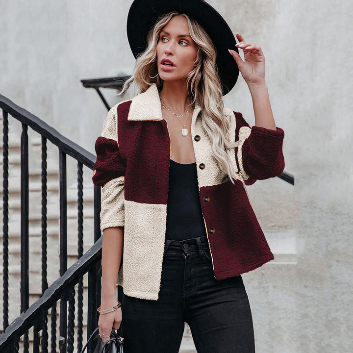 Damen trendige Teddyjacke mit modernem Patchwork-Design Drune