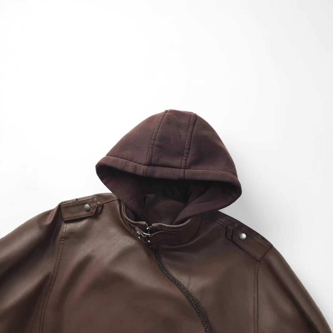 Herren Kunstlederjacke mit abnehmbarer Kapuze und Multifunktions-Taschen Drune
