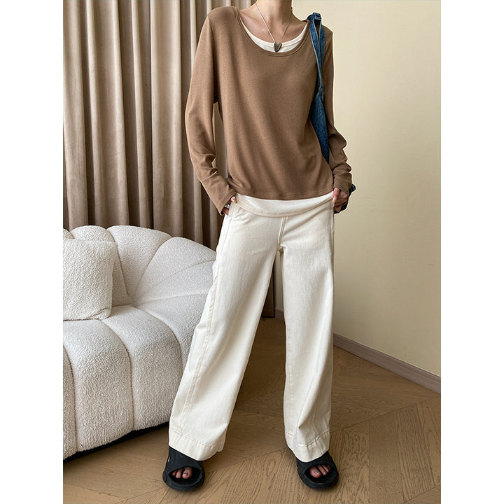 Damen lässiger Longsleeve mit großzügigem Rundhalsausschnitt und elegantem Untertop Drune