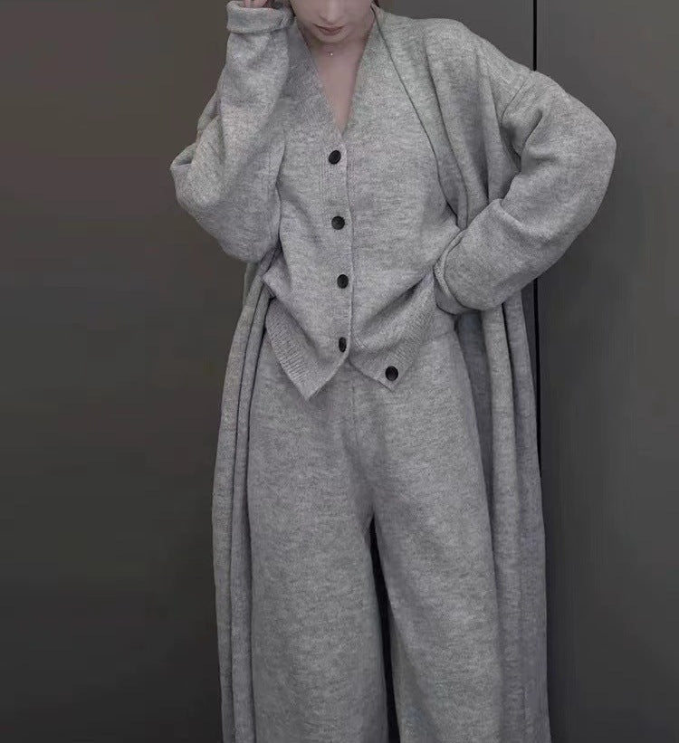 Damen elegantes Strickensemble mit Longcardigan und weiten Hosen Drune