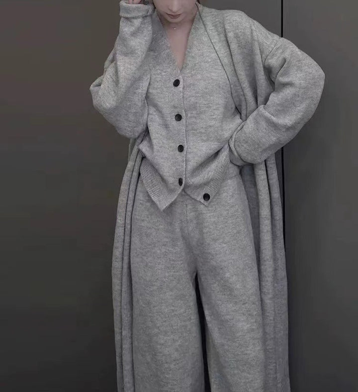 Damen elegantes Strickensemble mit Longcardigan und weiten Hosen Drune
