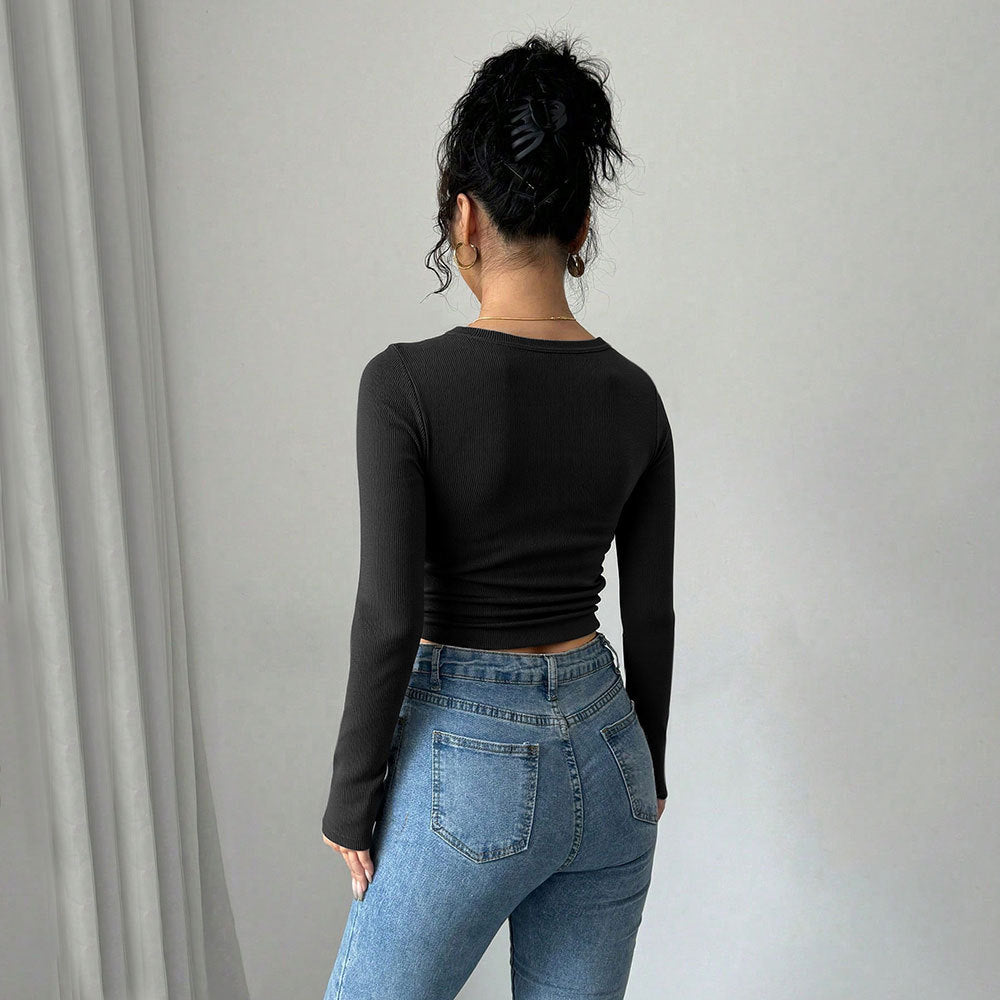 Damen Langarm-Crop-Top mit eleganter knopfverzierter Front Drune