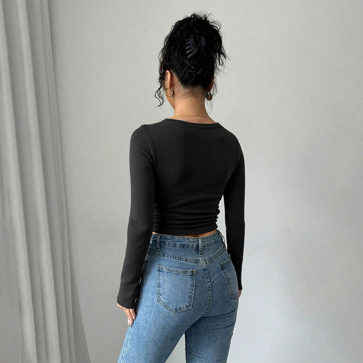 Damen Langarm-Crop-Top mit eleganter knopfverzierter Front Drune