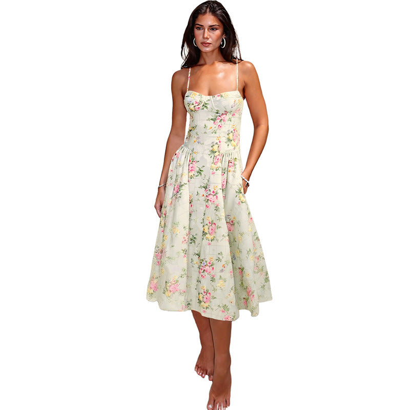 Damen Blumendesign Midi-Kleid mit Spaghettiträgern und fließendem Rock Drune
