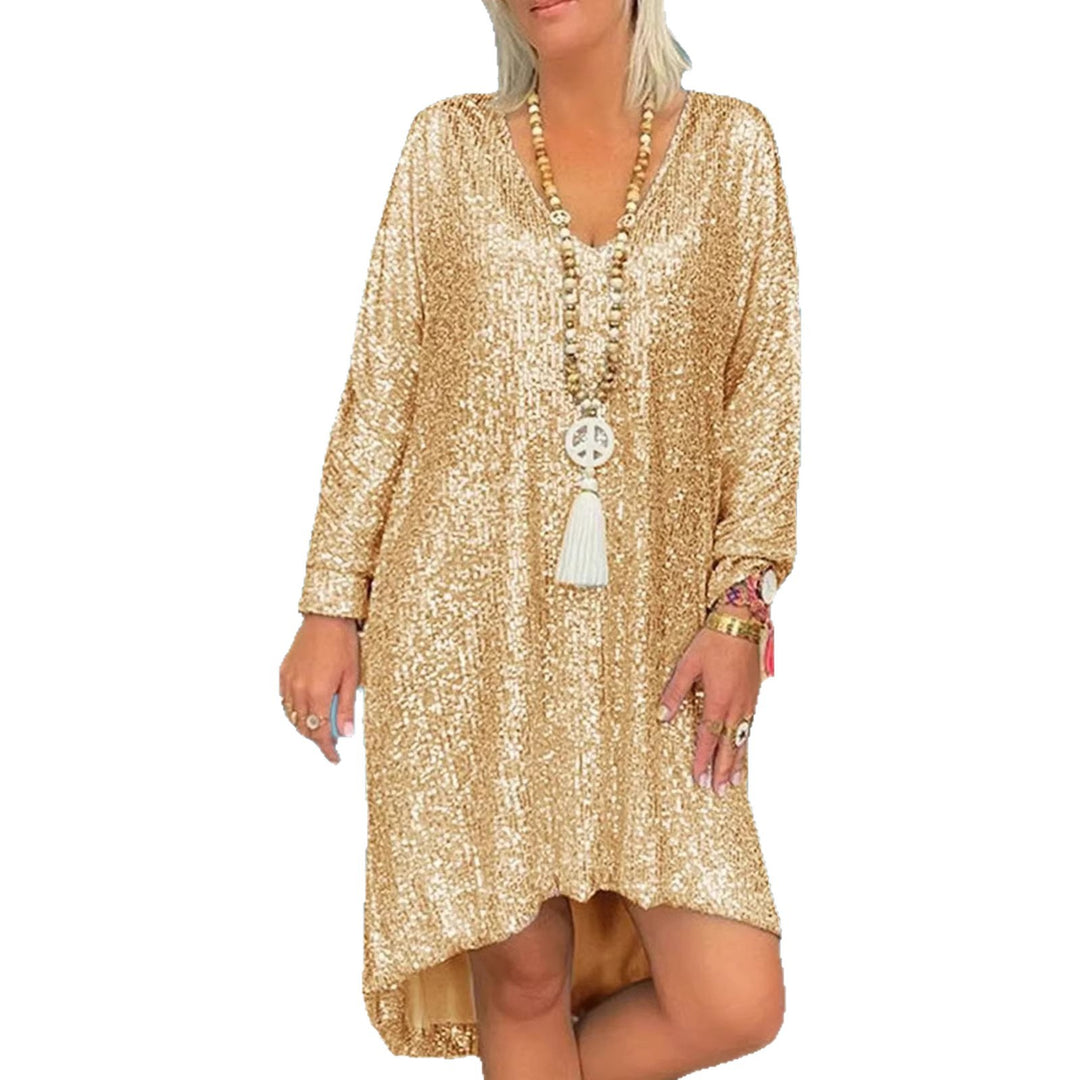 Damen Glitzerndes Oversized Kleid mit V-Ausschnitt und langen Ärmeln Drune
