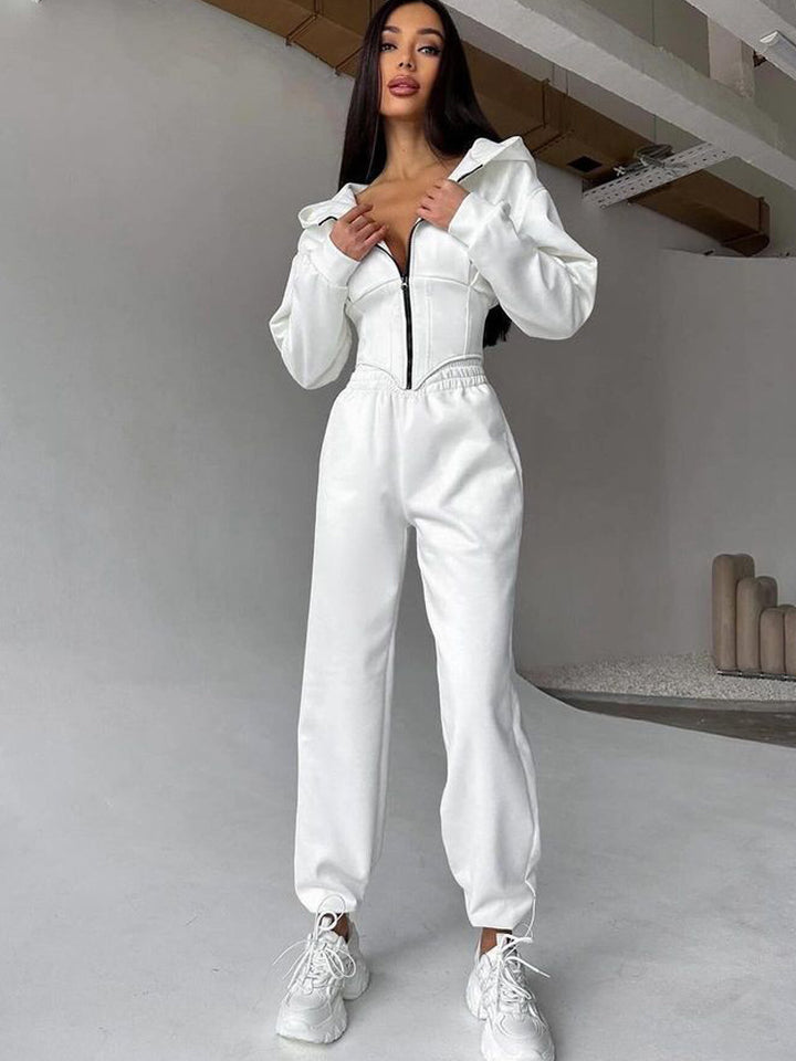 Damen sportlicher Jumpsuit mit Reißverschluss und Kapuze Drune