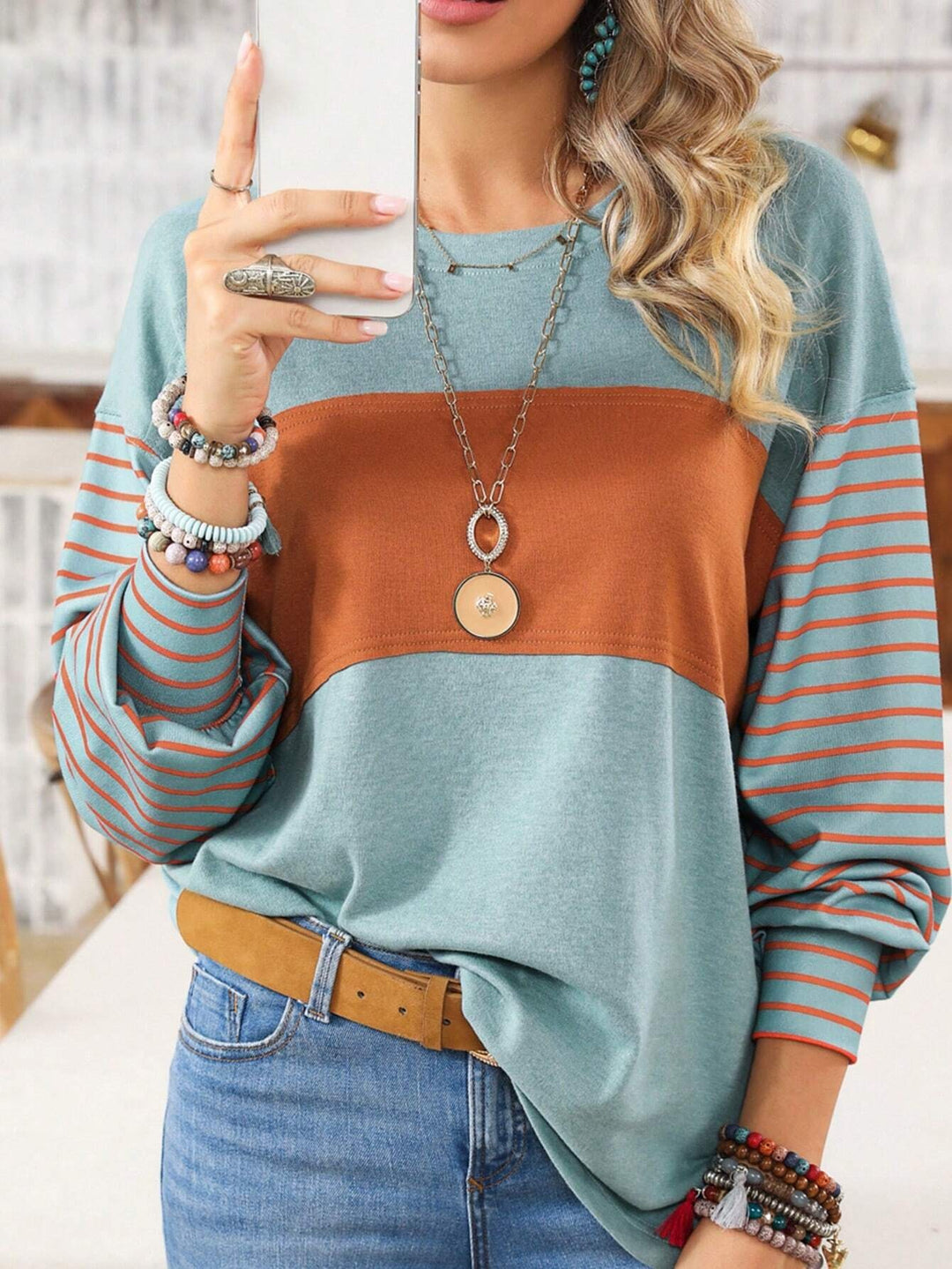 Damen lässiger Sweatshirt mit gestreiften Ärmeln Drune