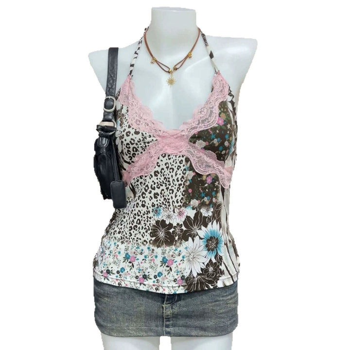 Damen Verspieltes Haltertop mit floralem und Leopardenmuster Drune