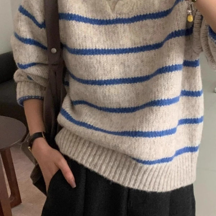 Damen Strickpullover mit V-Ausschnitt und Streifen Drune