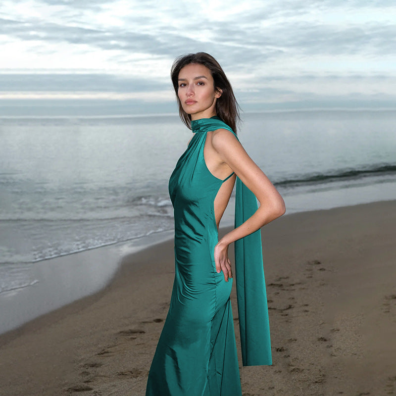 Damen elegantes Maxikleid mit asymmetrischem Halterdesign und seidigem Obermaterial Drune