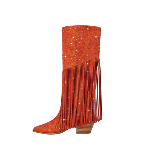 Damen Stiletto Fransen Strass Stiefel Drune
