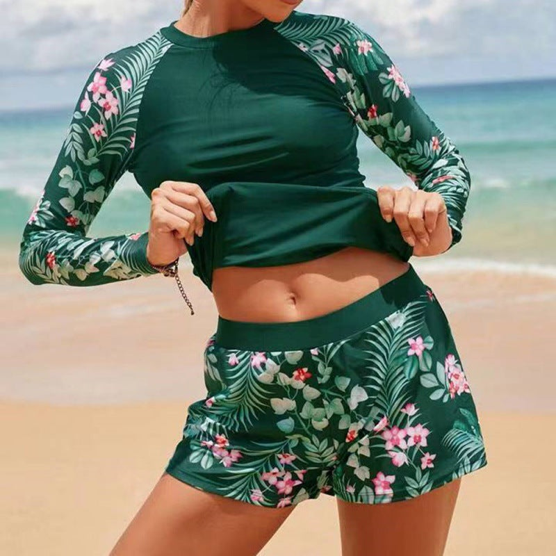 Damen UV-Schutz Badeanzug mit langen Ärmeln und modischem Blätterdesign Drune