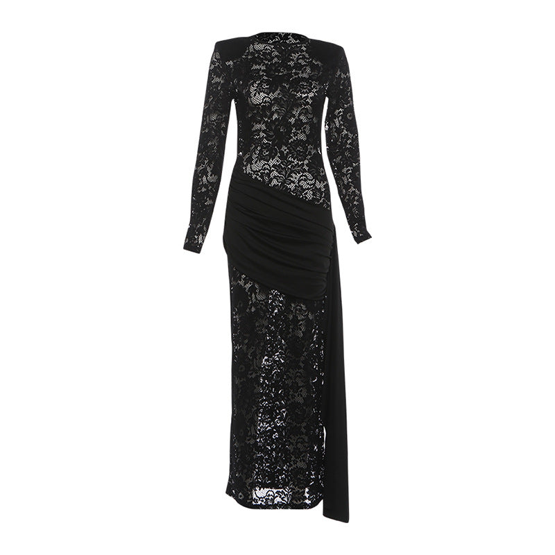 Damen Elegantes Spitzenkleid mit langem Arm und raffinierter Drapierung Drune