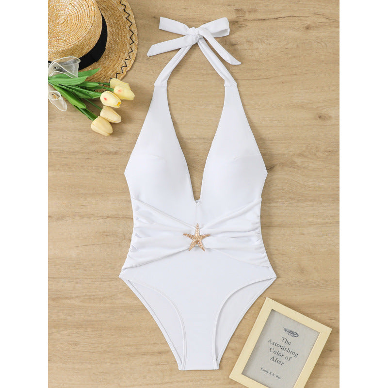 Damen Einteiliger Badeanzug mit elegantem V-Ausschnitt und dekorativem Sternenapplikation Drune