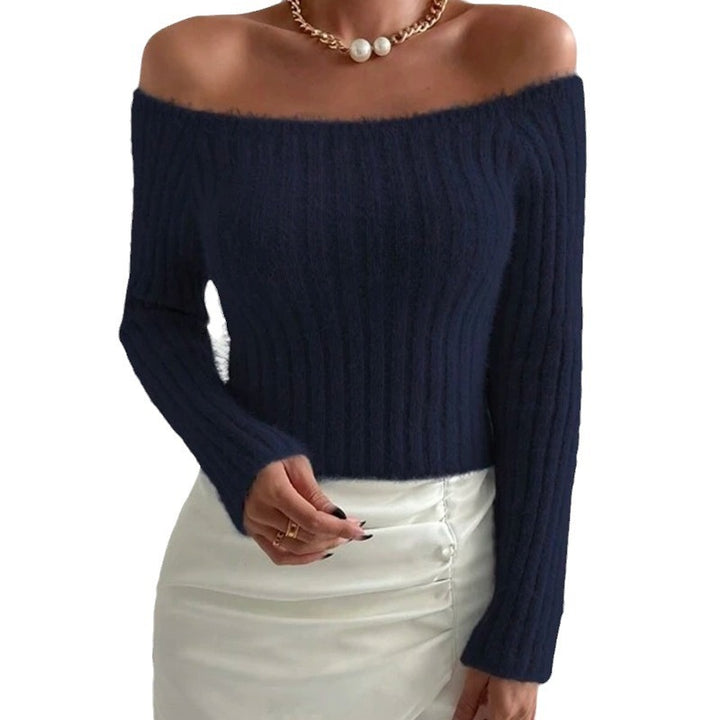 Damen Off-Shoulder Strickpullover mit feiner Rippstruktur und langen Ärmeln Drune
