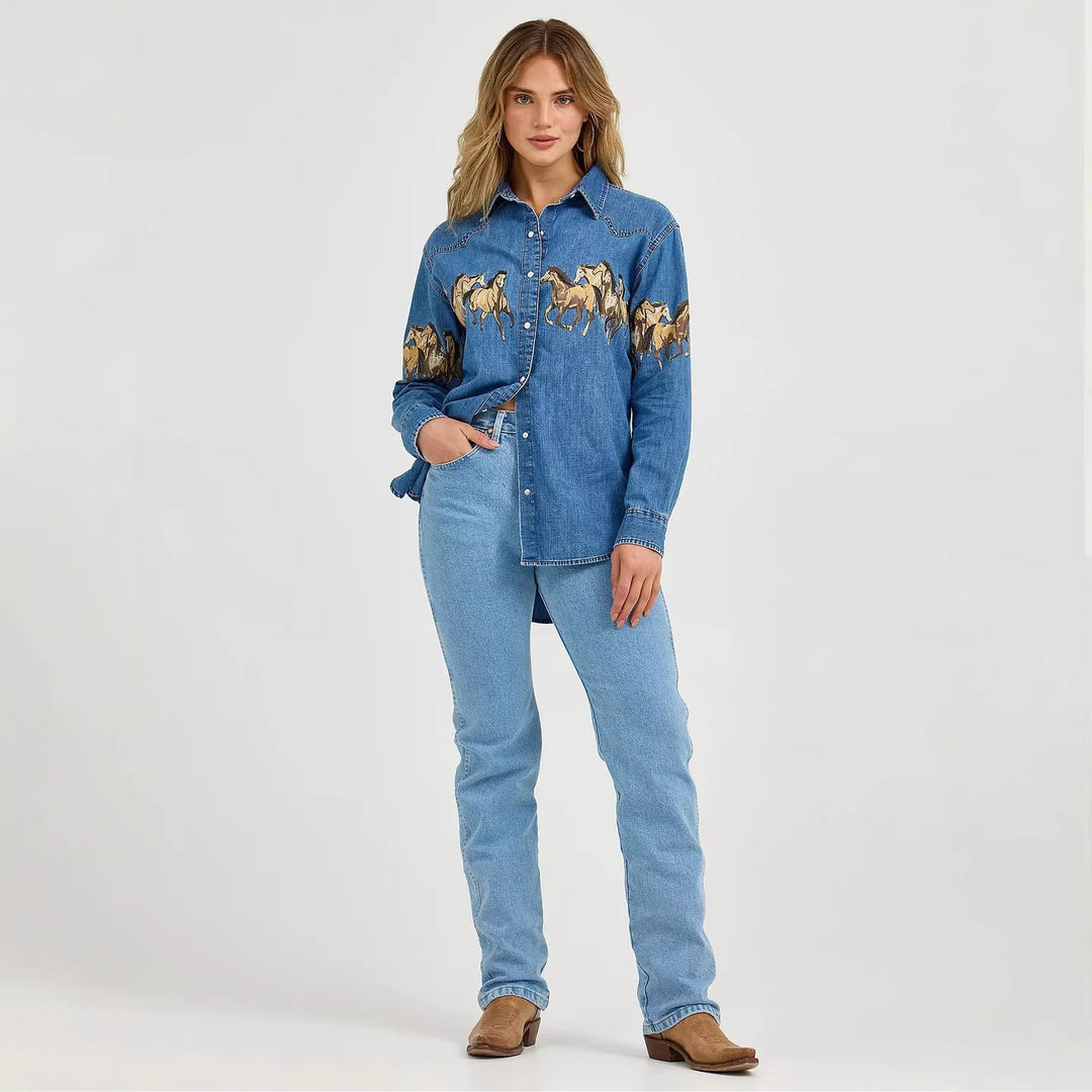 Damen Jeanshemd mit kreativem Pferdemotiv und hochwertiger Baumwollmischung Drune