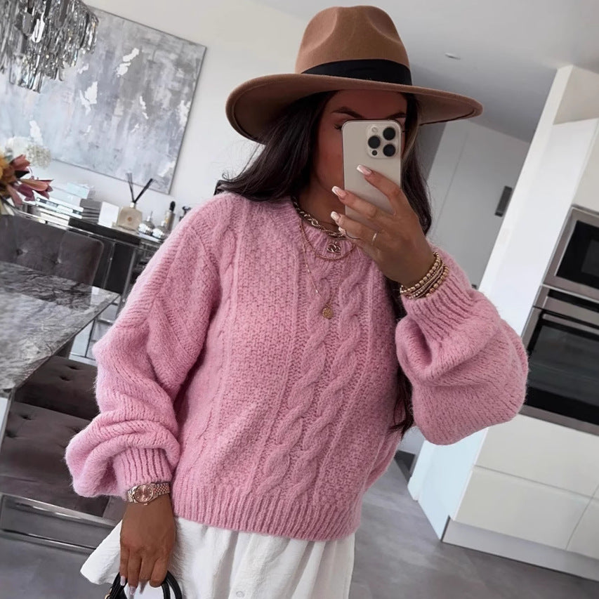 Damen Grobstrickpullover mit voluminösen Ärmeln und Zopfmuster Drune