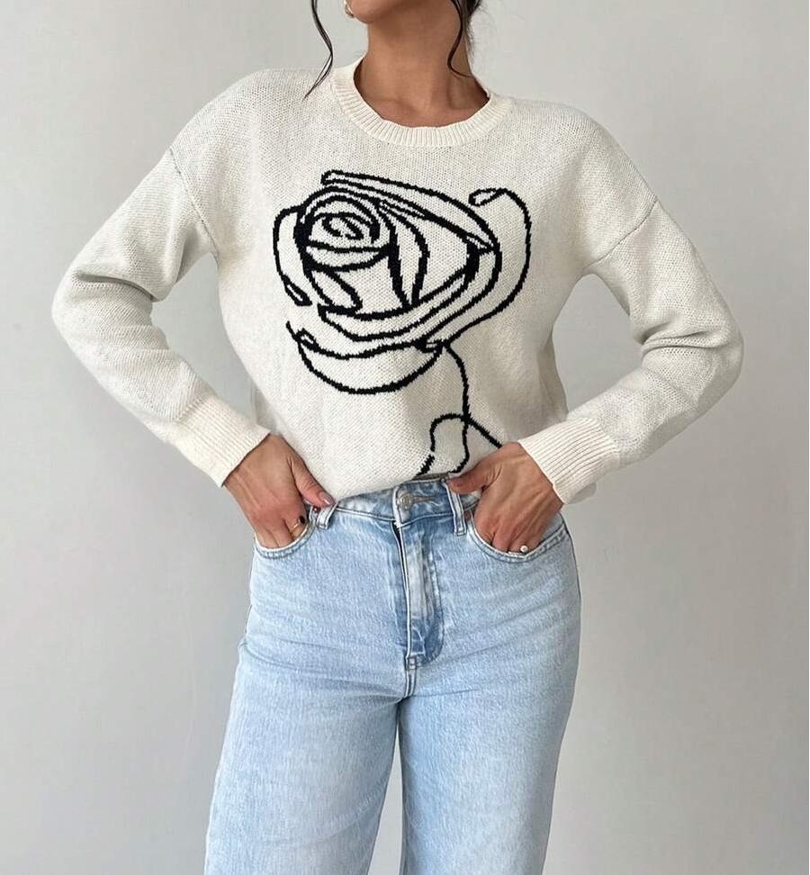 Damen Strickpullover mit floraler Stickerei Drune