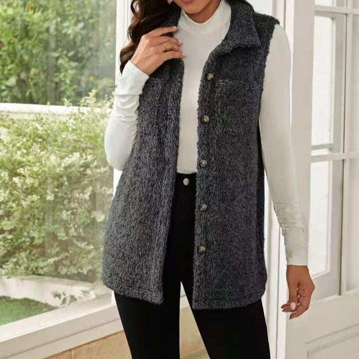Damen Fleece Weste mit Knopfleiste und tiefem Kragen Drune