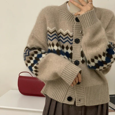 Damen modische Strickjacke mit auffälligem Jacquard-Muster Drune