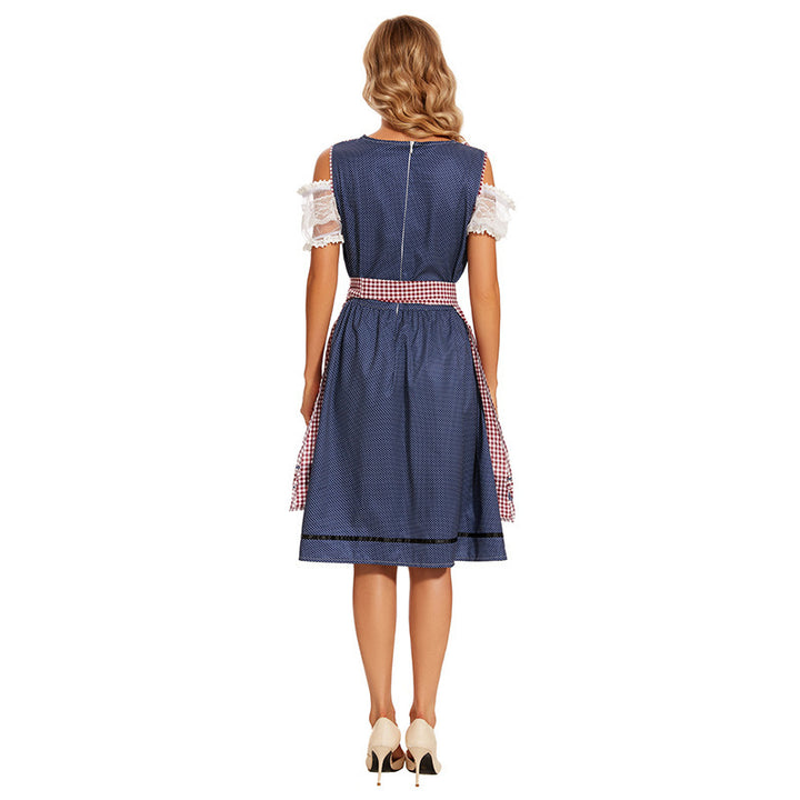 Damen nan traditionelles Trachtenkleid mit Schnürmieder, Spitzenärmeln und karierter Schürze Drune