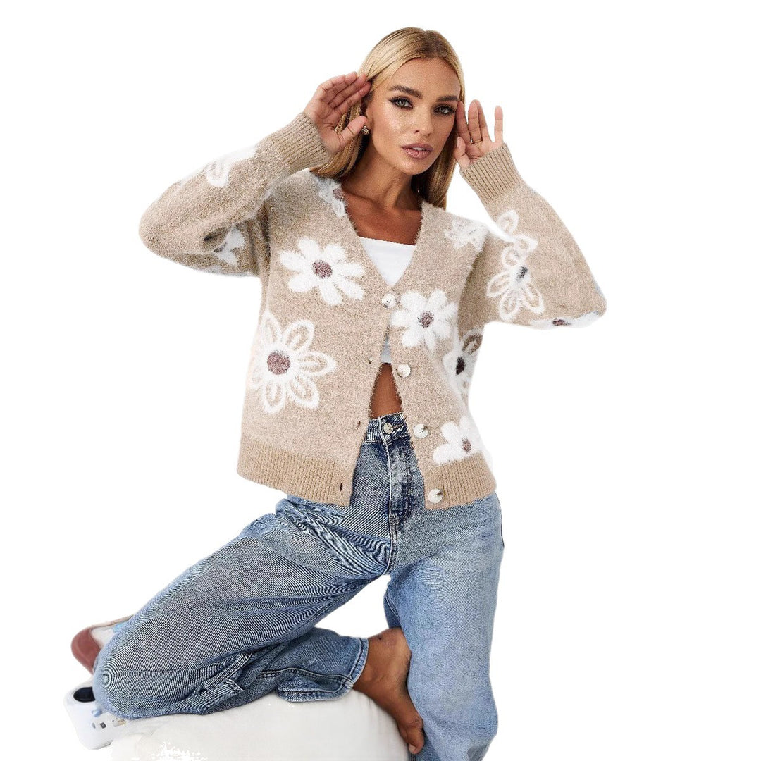 Damen Strickjacke mit floralem Design und Knopfdetails Drune