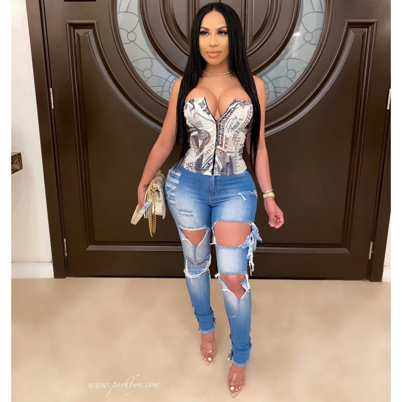 Damen Skinny Jeans mit modischem Destroyed-Look und hohem Bund Drune