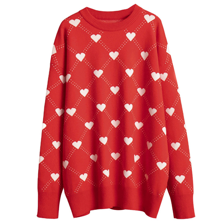 Damen Gemusterter Pullover mit Herzmotiven und weitem Schnitt Drune