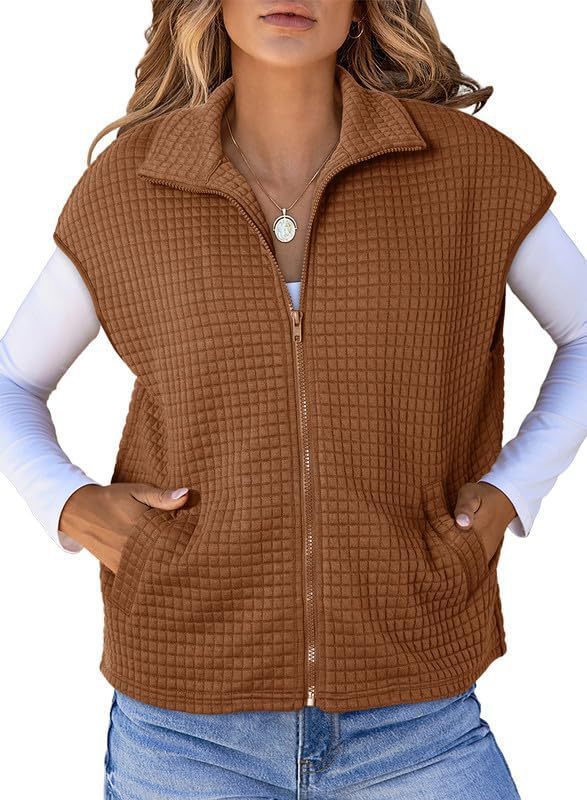 Damen Leichte Waffelstrick Weste mit Taschen und Stehkragen Drune