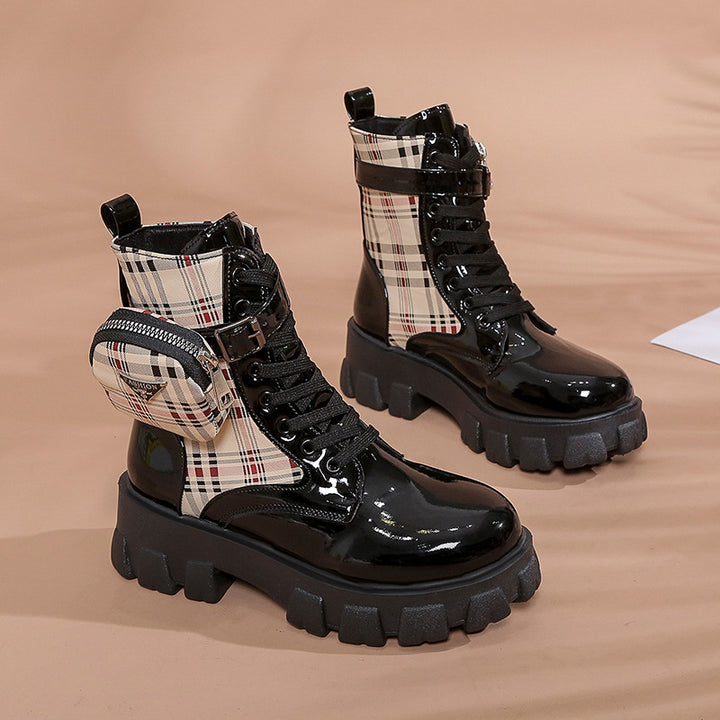 Damen nan modische Plateaustiefelette mit kariertem Textileinsatz, Schnürung, Schnallenriemen und abnehmbarer Mini-Tasche Drune
